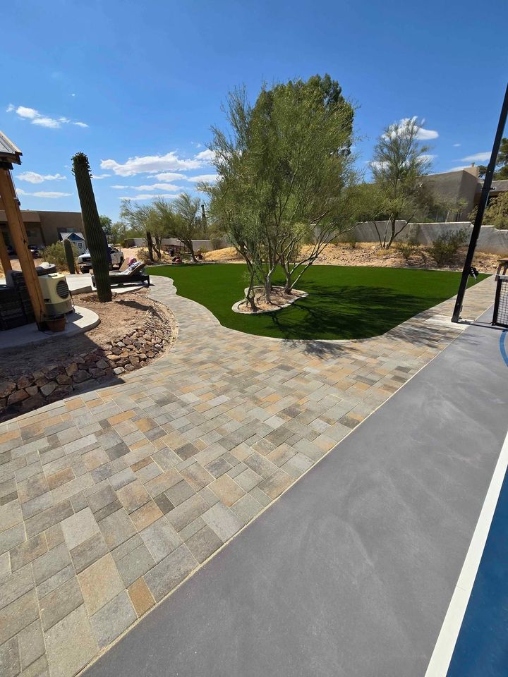 A landscaped backyard in Paradise Valley, AZ, features a stone patio, lush artificial grass, and desert plants like cacti and trees. The photograph captures a sunny day with clear blue skies.