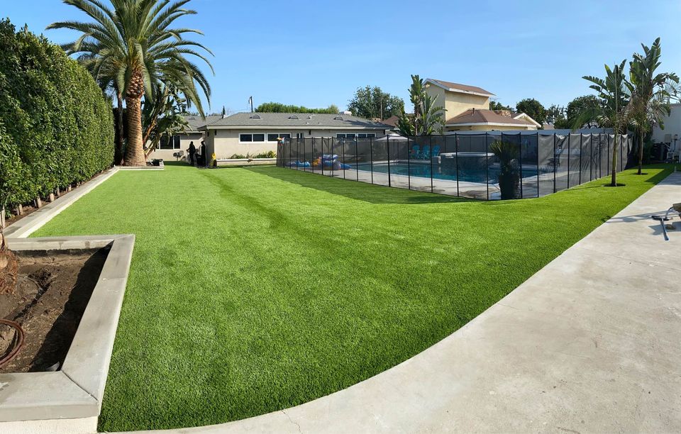 A spacious backyard in Paradise Valley features a lush green lawn bordered by palm trees. A fenced swimming pool area is visible in the background, surrounded by a concrete pathway. A residential house and blue sky are in the distance, offering an oasis of tranquility amidst this scenic landscape.